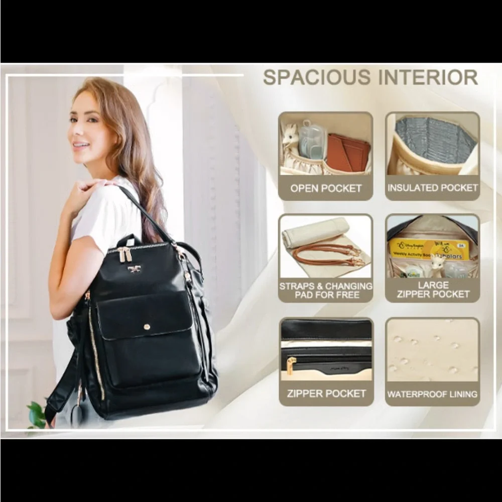 Miss Fong Diaper Bag Black ECO PU Leather with Beige Interior & Changing Pad
